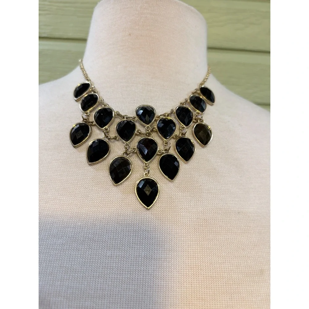 Black Teardrop‎ Bib Statement Necklace Gold Tone Tiered Faceted Stone